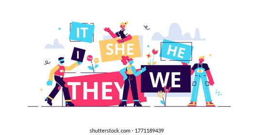 Pronouns vector illustration. Flat tiny substitutes words person concept. Abstract fun it, she, we, they, it word banners. Correct language linguistics and grammar knowledge. Part of word speech study