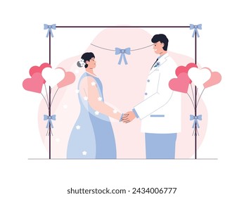 Pronunciation of sacred vows by the bride and groom, wedding vector illustration.