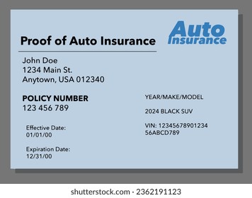 A proof of automobile insurance card that is a mock , generic card is seen in a 3-d illustration. Auto insurance proof.