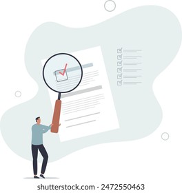 Proof oder Prüfkonzept, Geschäftsmann mit Lupe inspect document.flat Vektorillustration.