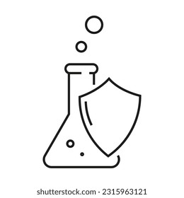 proof chemical resistant icon, flask with shield, protection against chemistry, toxic defense. Vector illustration. Stock image.