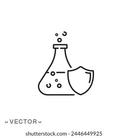 Icono resistente a los productos químicos, frasco con escudo, protección contra la química, experimento de laboratorio de seguridad, defensa tóxica, línea fina aislada sobre fondo blanco, trazo editable eps10 Vector