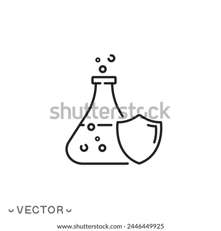 proof chemical resistant icon, flask with shield, protection against chemistry, safety laboratory experiment, toxic defense, thin line symbol isolated on white background, editable stroke eps10 vector
