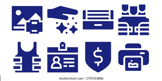 proof icon set. 8 filled proof icons. Included Bulletproof, Print, Accreditation, Dust, Protection, Ultraviolet, Bulletproof vest icons