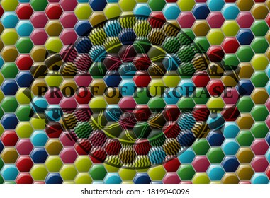 proof of purchase text inside Colorful candy badge. Hexagon fashionable background. Artistic illustration. 