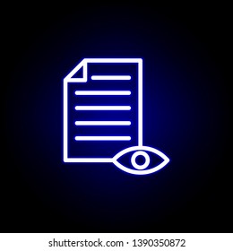 proof reading, eye, page icon in neon style. Can be used for web, logo, mobile app, UI, UX