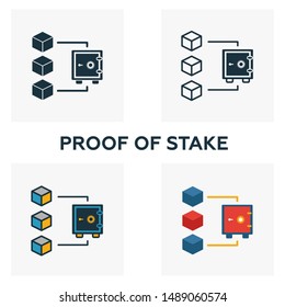 Proof Of Stake icon set. Four elements in diferent styles from blockchain icons collection. Creative proof of stake icons filled, outline, colored and flat symbols.