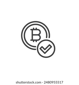 Proof of Stake line icon. linear style sign for mobile concept and web design. Bitcoin coin with a checkmark outline vector icon. Symbol, logo illustration. Vector graphics