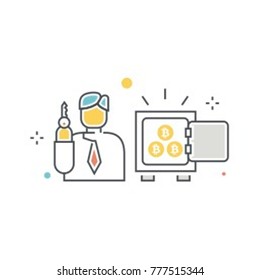 Proof of stake POS consensus, algorithm, system, protocol, function modern flat icon. Bitcoin inside a safe box or security vault vector and business man holding key concept illustration.