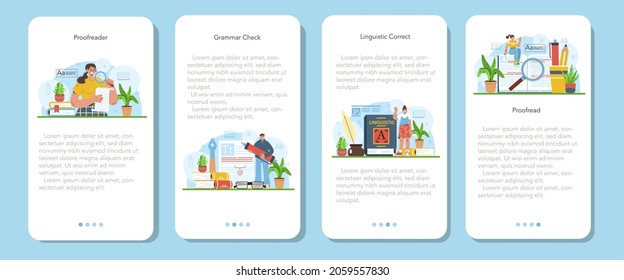 Proofreader mobile application banner set. Printing house technology process, printed publications manufacturing. Copywriter checking grammar errors in texts for publication. Flat vector illustration