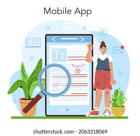 Proofreader online service or platform. Printing house technology process, printed publications manufacturing. Mobile app. Flat vector illustration
