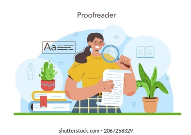 Korrekturleser. Technik-Verfahren für Druckereien, Herstellung von gedruckten Publikationen. Professioneller Kopierer überprüft Grammatikfehler in Texten zur Veröffentlichung. Flache Vektorgrafik