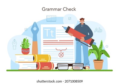 Proofreader. Printing house technology process, printed publications manufacturing. Professional copywriter checking grammar errors in texts for publication. Flat vector illustration