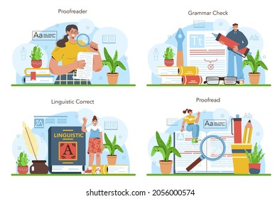 Proofreader set. Printing house technology process, printed publications manufacturing. Professional copywriter checking grammar errors in texts for publication. Flat vector illustration