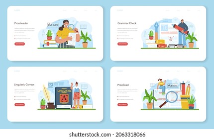 Proofreader web banner or landing page set. Printing house technology process, printed publications manufacturing. Copywriter checking grammar errors in texts for publication. Flat vector illustration