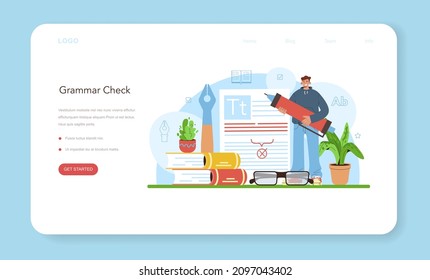 Proofreader web banner or landing page. Printing house technology process, printed publications manufacturing. Copywriter checking grammar errors in texts for publication. Flat vector illustration - Shutterstock ID 2097043402