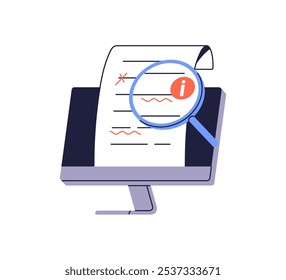 Documento digital de revisão, correção de texto. Procurando erros de ortografia, verificando, editando, corrigindo gramática com serviço online. Ilustração de vetor plano isolada no plano de fundo branco