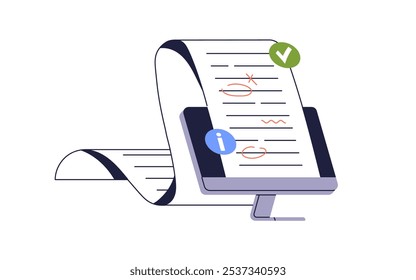 Proofreading and document editing concept. Checking, searching, correcting text for mistakes, grammar. Online service for writing revision. Flat vector illustration isolated on white background