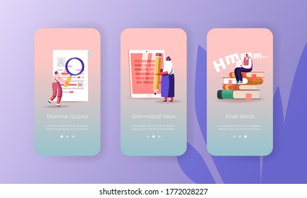 Korrekturlesen, Grammar Test Mobile App Page Onboard Screen Template. Tiny Characters Lesen Sie Text auf Blatt und Tablet PC mit roten Fehler Hervorhebung, Fehler Konzept. Vektorgrafik von Cartoon People