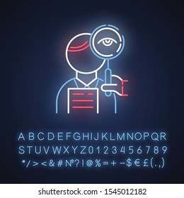 Proofreading service neon light icon. Professional proofreader. Text editing, mistake correction. Document translation quality control. Glowing alphabet, numbers. Vector isolated illustration