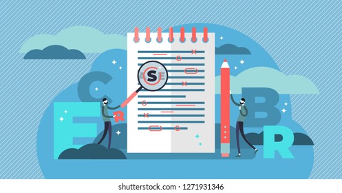 Proofreading vector illustration. Mini persons concept with grammar errors in newspaper manuscript. Isolated red mistakes in text. Editing and correction job in school or college. Punctuation problem.