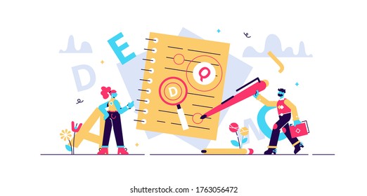 Proofreading Vector Illustration. Mini Persons Concept With Grammar Errors In Newspaper Manuscript. Isolated Red Mistakes In Text. Editing And Correction Job In School Or College. Punctuation Problem.