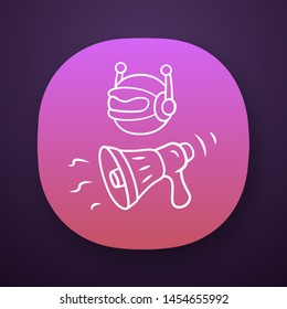 Propaganda bot app icon. UI/UX user interface. Marketing campaign. Robot spread disinformation. Artificial intelligence. Automated propaganda. Web or mobile application. Vector isolated illustration
