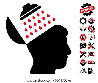 Propaganda Brain Shower icon with bonus tools design elements. Vector illustration style is flat iconic intensive red and black symbols on white background.