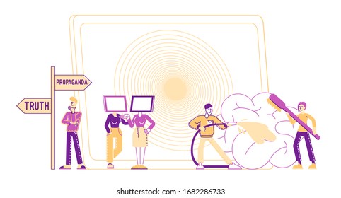 Propaganda and Brainwashing of Influential Mass Media Concept. Male and Female Characters with Tv Set Head Stand at Road Pointer on Hypnotic Spiral Background. Linear People Vector Illustration