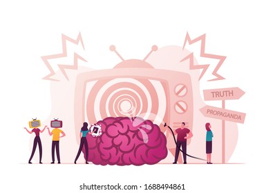 Propaganda and Brainwashing of Influential Mass Media Concept. Male and Female Characters with Tv Set Head Stand at Road Pointer on Hypnotic Spiral Tv Background. Cartoon People Vector Illustration