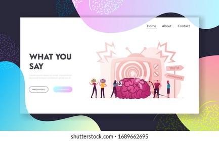 Propaganda and Brainwashing of Influential Mass Media Landing Page Template. Male and Female Characters with Tv Set Head Stand at Road Pointer at Hypnotic Spiral Tv. Cartoon People Vector Illustration