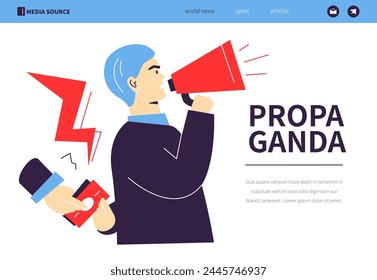 Propaganda y soborno - colorido Anuncio de diseño plano con Elementos lineales. Composición con el hombre con el altavoz tomando dinero soborno. Fraude y desinformación. Idea del hablante mentiroso
