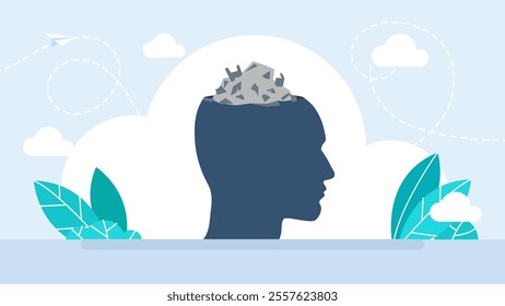 Propaganda concept. Trash can on head. Manipulation and brainwashing. Open human head with garbage thrown out it from trash. Garbage in head, rubbish in brain symbol. Vector illustration