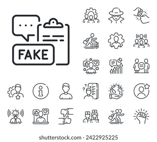 Propaganda conspiracy clipboard sign. Specialist, doctor and job competition outline icons. Fake document line icon. Wrong truth symbol. Fake document line sign. Vector
