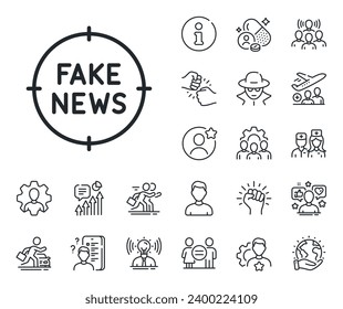 Propaganda conspiracy target sign. Specialist, doctor and job competition outline icons. Fake news line icon. Wrong truth symbol. Fake news line sign. Avatar placeholder, spy headshot icon. Vector