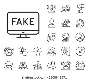 Propaganda conspiracy tv sign. Specialist, doctor and job competition outline icons. Fake news line icon. Wrong truth symbol. Fake news line sign. Avatar placeholder, spy headshot icon. Vector