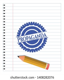Propaganda emblem draw with pen effect. Blue ink. Vector Illustration. Detailed.