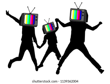 Propaganda, fake news. People instead of head TV, silhouette. Disconnected brains. Man of Zombies. Information war