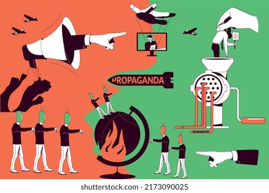 Ilustración vectorial plana de propaganda mostró a personajes de la gente con gadgets en lugar de cabeza zombis por noticias falsas