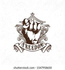 Propaganda Freedom Fist Badge Logo. Protest raised fist revolution design elements.