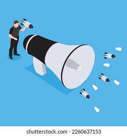 Propaganda y odio, desinformación sobre conflicto 3d concepto de ilustración vectorial isométrica para banner, sitio web, página de inicio, anuncios, plantilla de volante