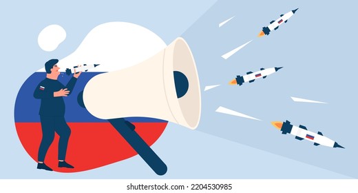 Propaganda and hate, disinformation about russian aggressive invasion in Ukraine vector illustration. Cartoon tiny angry man in military uniform holding rocket in hand missiles flying out of megaphone