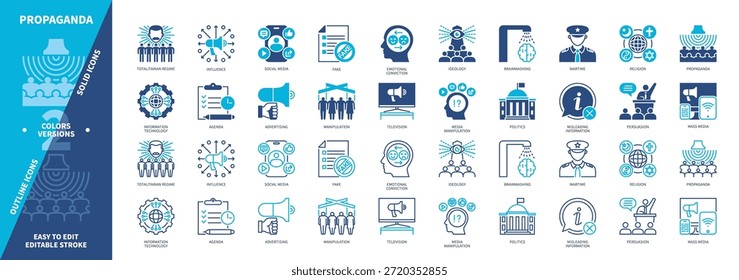 Conjunto de ícones de propaganda. Influência, Lavagem Cerebral, Persuasão, Falsa, Garantia, Agenda, Ideologia, Religião. Ícones de contorno sólido e editável de cor duotônica