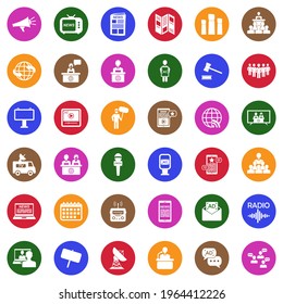 Propaganda Icons. White Flat Collection In Circle. Vector Illustration.