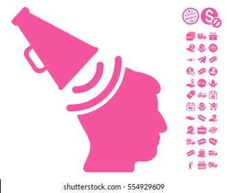 Propaganda Megaphone icon with free bonus icon set. Vector illustration style is flat iconic symbols, pink color, white background.