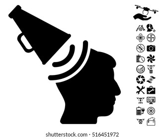 Propaganda Megaphone pictograph with bonus aircopter service symbols. Vector illustration style is flat iconic symbols on white background.