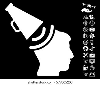 Propaganda Megaphone pictograph with bonus copter tools pictures. Vector illustration style is flat iconic white symbols on black background.