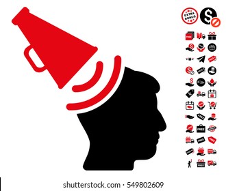 Propaganda Megaphone pictograph with free bonus clip art. Vector illustration style is flat iconic symbols, intensive red and black colors, white background.
