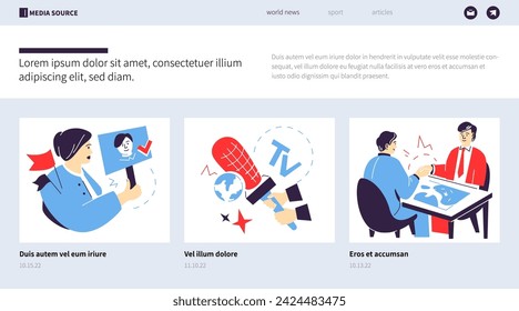 Propaganda, news and politics - colorful flat design style banner with linear elements. Composition with campaigning for a candidate, a reporters microphone, partners shake hands in agreement