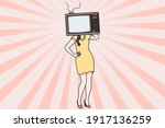 Propaganda on tv, television brainwashing, mass media manipulation concept. Addicted woman in dress having old television with screen instead of head feeling propaganda control vector illustration 